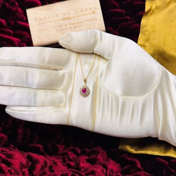 14K Gold -Natural Burmese Ruby Halo Diamond Necklace -20" 2/3 CTTW -Pear Cut -2g - Picture 7 of 16